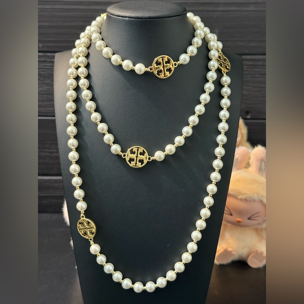 Tory Burch Gold and Faux Pearl Necklace 50 inches